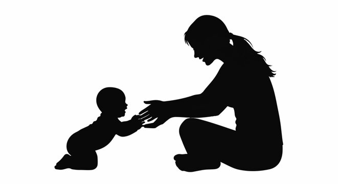 Silhouette of a mother caring for her crawling baby, a vector illustration symbolizing maternity and family love