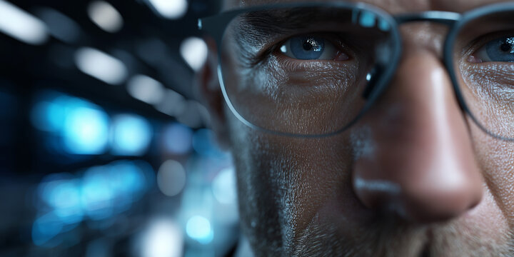 Geschäftsmann in großem Serverraum mit Datenverarbeitung und KI-Technologie