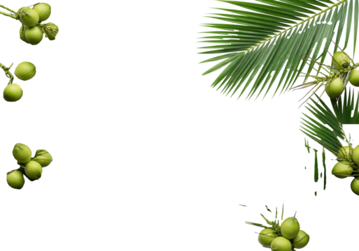 Vibrant, deep green palm fronds with intricate patterns and glossy texture, interspersed with small, unripe green coconuts, framing a central copy space on a pristine, transparent studio background