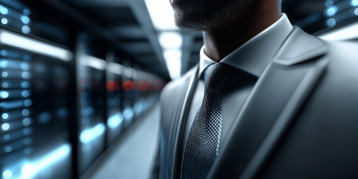 Geschäftsmann in großem Serverraum mit Datenverarbeitung und KI-Technologie