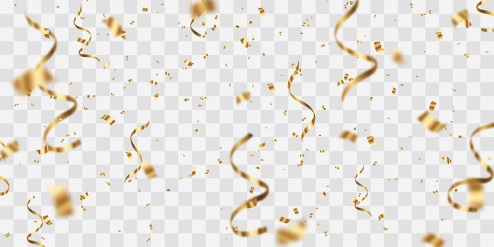 Vector realistic gold confetti png. Falling spiral serpentine and flying confetti. Vector luxury celebration background with gold ribbons. Isolated on transparent background 