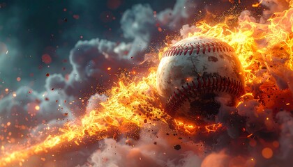 A flaming baseball bursts from a smoky cloud in an artistic display