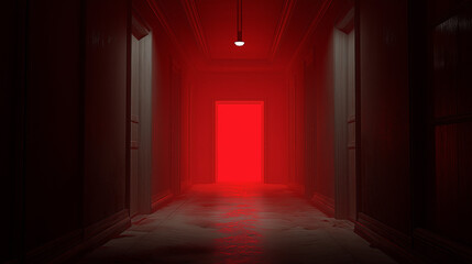 Obraz premium A long ominous hallway bathed in a mysterious red light.