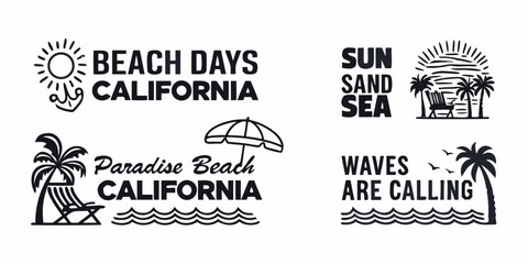 California beach vibes collection featuring palm trees sun sand sea and waves