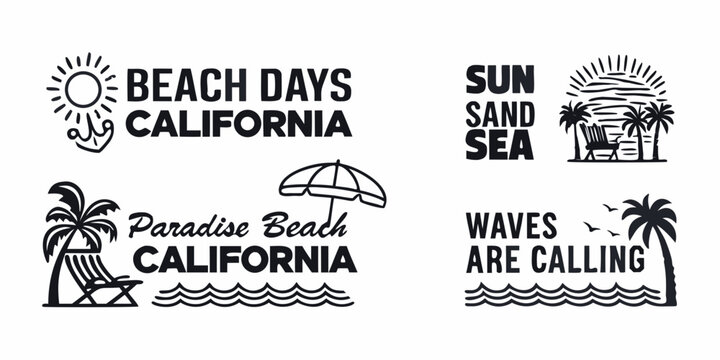 California beach vibes collection featuring palm trees sun sand sea and waves