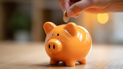 Fototapeta premium Person deposits metal currency into a bright orange ceramic savings container