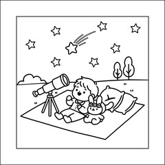 Bold and Easy, Cozy Child Stargazing with Bunny Vector Line Art: Cute Kid with Telescope Watching Shooting Star, Night Sky Coloring Page