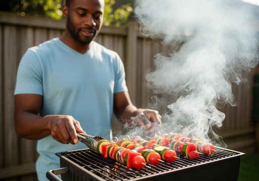 A man grilling colorful vegetable skewers on a smoky barbecue in the backyard. Outdoor summer cooking and healthy eating concept