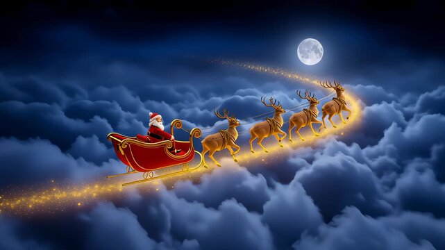 Santa travels through a mystical night sky in a sleigh pulled by reindeer. Beautiful moonlight illuminates fluffy clouds. Concept of Christmas celebrations, holiday spirit, winter festivities