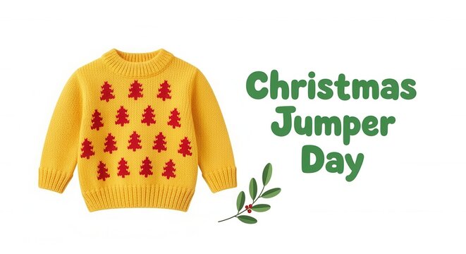 Christmas Jumper Day concept with a festive yellow kids sweater. Knitted pullover with red tree pattern isolated on a white background. Holiday apparel with copy space