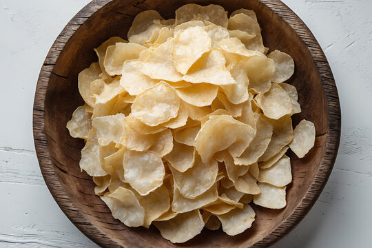 Overhead shot of crispy potato chips in a wooden bowl