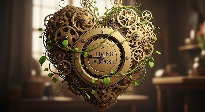 Steampunk heart gears and cogs entwined with green vines a living purpose