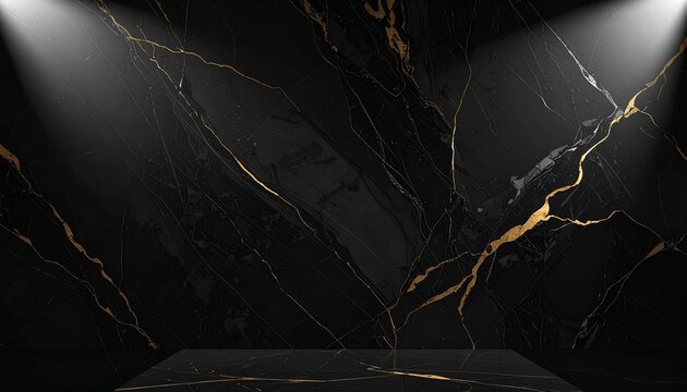 Black marble texture with subtle gold accents, soft spotlight vignette, elegant and mysterious vibe, premium background for branding.
