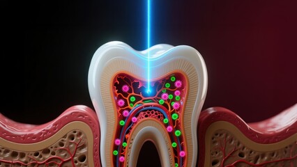 A cross section tooth with inflamed pulp targeted by blue laser showing infection treatment tooth decay or sensitivity