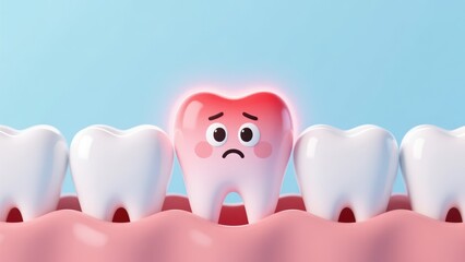 A cartoon sore tooth glowing red among healthy teeth showing pain awareness tooth decay or sensitivity
