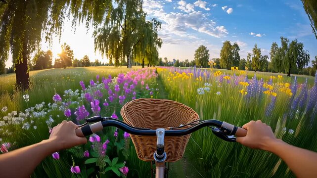 Biker rides with hands on handlebars through a colorful flower field during sunset. Scenic setting showcases blooming flowers under a clear sky