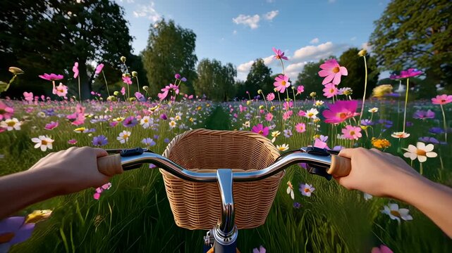 Hands gripping bicycle handlebars while riding through colorful flower fields under blue sky. Scenic outdoor setting with blooming flora and bright sunlight creating joyful atmosphere