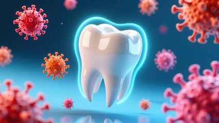 The tooth surrounded by a floating germs showing oral health risk and hygiene care tooth decay or sensitivity