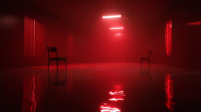 Eerie red room with chairs illuminated by artificial light.