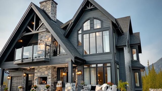 Stunning modern cabin exterior showcasing sleek design and beautiful stonework near mountain landscape during sunset