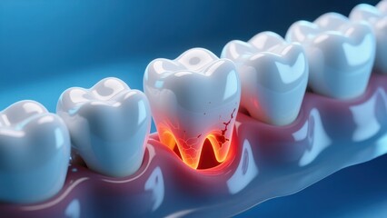 A molar row with one glowing painful spot showing gum inflammation, highlighting tooth decay or sensitivity in a clean clinical scene