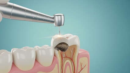 The dental drill removing decay from opened molar showing layers and treatment care, illustrating tooth decay or sensitivity in a clean clinic view