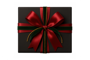 Elegant gift box with black wrapping, featuring a festive red satin, green velvet, and gold ribbon bow, on transparent background