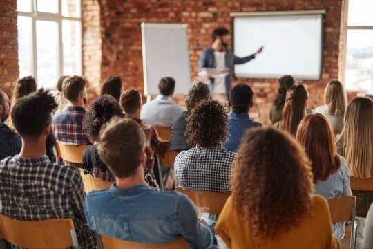 Audience watches speaker presenting in a bright room with brick walls.
