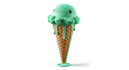 Mint chocolate chip ice cream cone isolated on white background, delicious treat