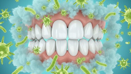 The teeth with colorful floating microbes around enamel surface showing plaque buildup and tooth decay or sensitivity in clean medical style