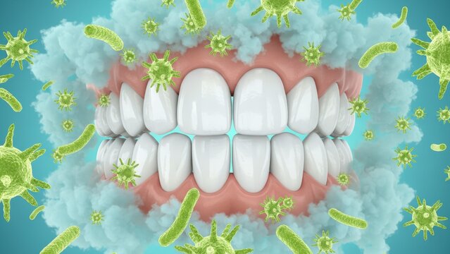 The teeth with colorful floating microbes around enamel surface showing plaque buildup and tooth decay or sensitivity in clean medical style