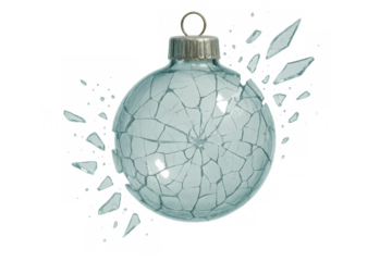 Shattering glass christmas ornament breaking apart, representing fragility, accident, and holiday stress on transparent background