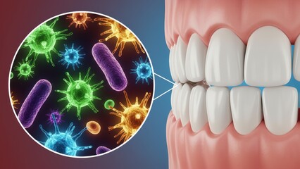The row of clean teeth with magnified germ cluster showing hygiene contrast and risk of tooth decay or sensitivity
