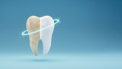 The tooth split into a yellowed and bright white halves showing whitening improvement linked to tooth decay or sensitivity care