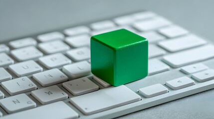 Solid green geometric shape rests upon the keys of a modern electronic input device