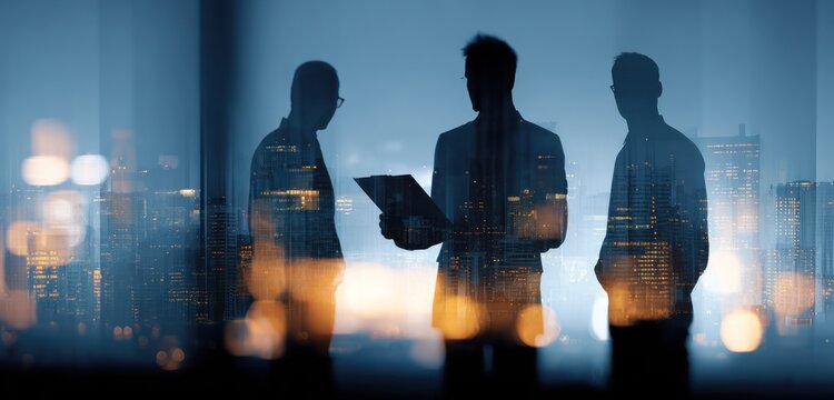 Silhouettes of three businessmen against a blue city night overlay.