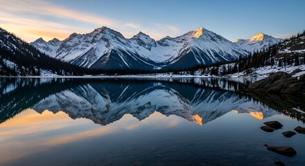Snowy mountain range reflecting in a calm lake at sunset, alberta, canada