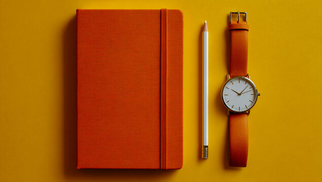 Flat lay of an orange textured notebook a white pencil and an orange leather strap wristwatch on a yellow background
