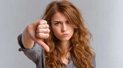 Young woman showing thumbs down with disappointment and disapproval gesture.