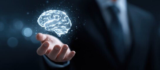 Businessman holds glowing digital brain hologram above open hand
