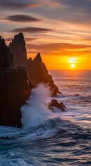 Waves crashing against rocks at sunset, creating a dramatic ocean scene
