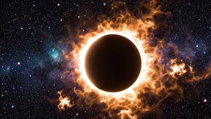 A total solar eclipse with a fiery corona blazing in deep space surrounded by distant stars and galaxies - Powered by Adobe