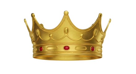 Golden crown with red gems isolated on transparent background, royal symbol