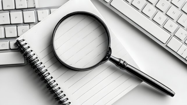 Magnifying glass rests upon a spiral notepad positioned between two computer keyboards in a monochromatic overhead view. - Powered by Adobe