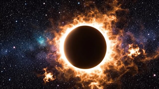 A total solar eclipse with a fiery corona blazing in deep space surrounded by distant stars and galaxies