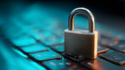 Metallic padlock rests upon electronic device keys illuminated by vibrant cyan light