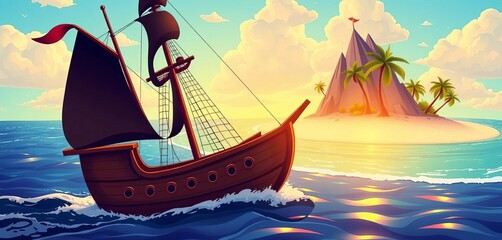 Vector cartoon pirate ship sailing towards a tropical island, black sails and cannons visible,  ocean,  sails