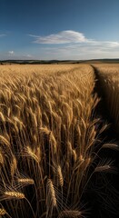 Golden wheat field under a blue sky with white clouds on a sunny day