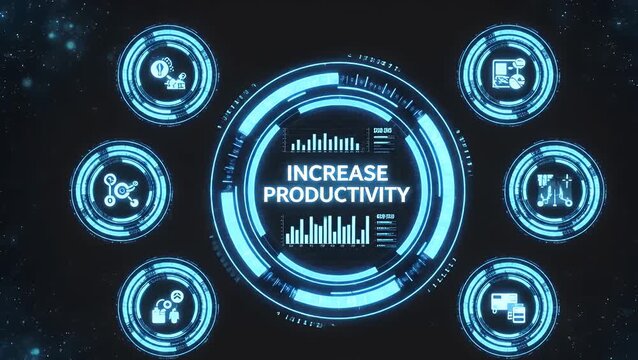 Business technology concept for increasing productivity on a virtual screen with futuristic icons