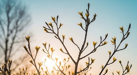 Spring composition of uneven branches with tender leaves, golden hour sunlight, pastel blue-pink sky, dreamy atmosphere, airy and calm